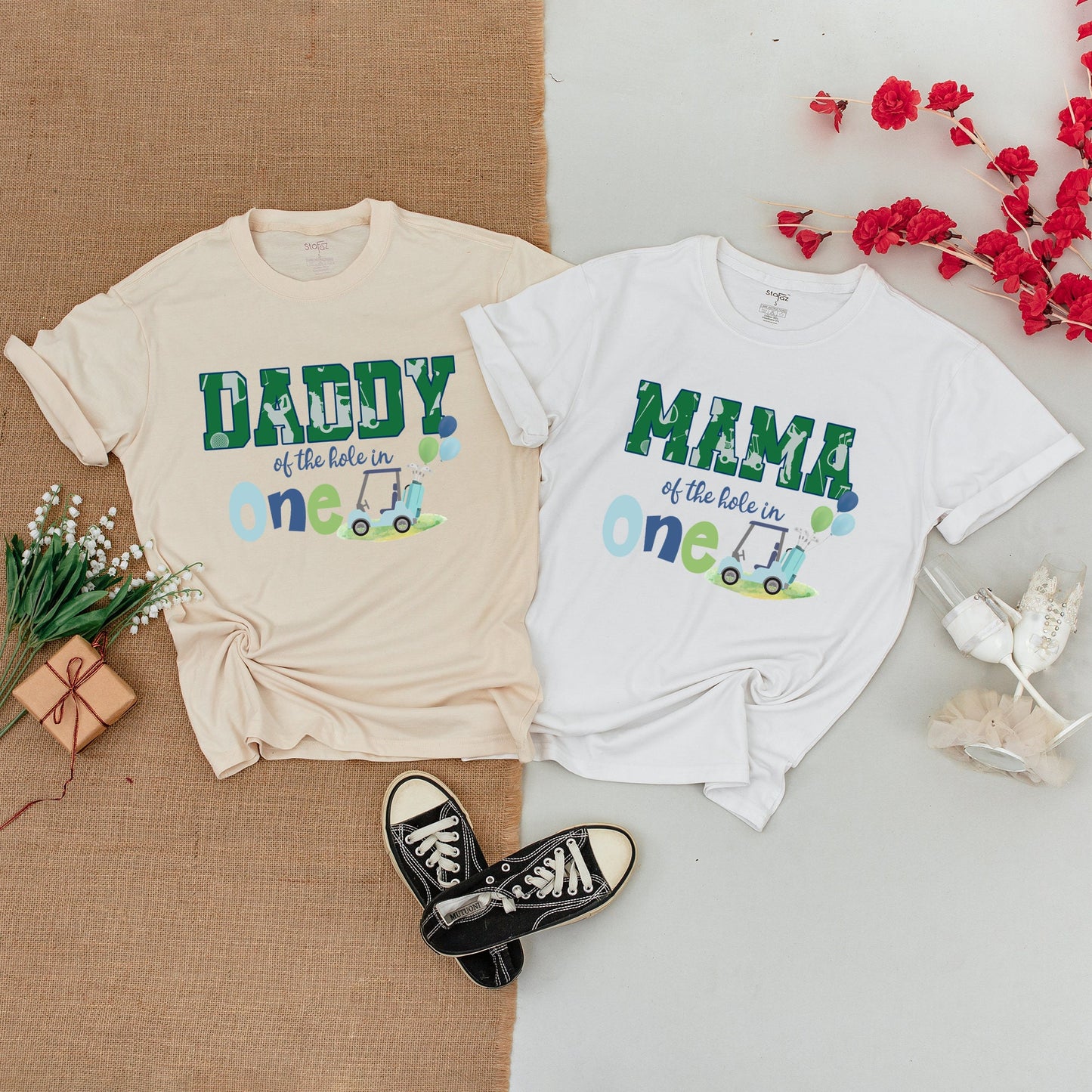 Mommy and Me Matching Golf Hole in One Birthday Family Outfits for First Celebration with Mama Daddy Sister designs natural baby bodysuit golf cart balloons