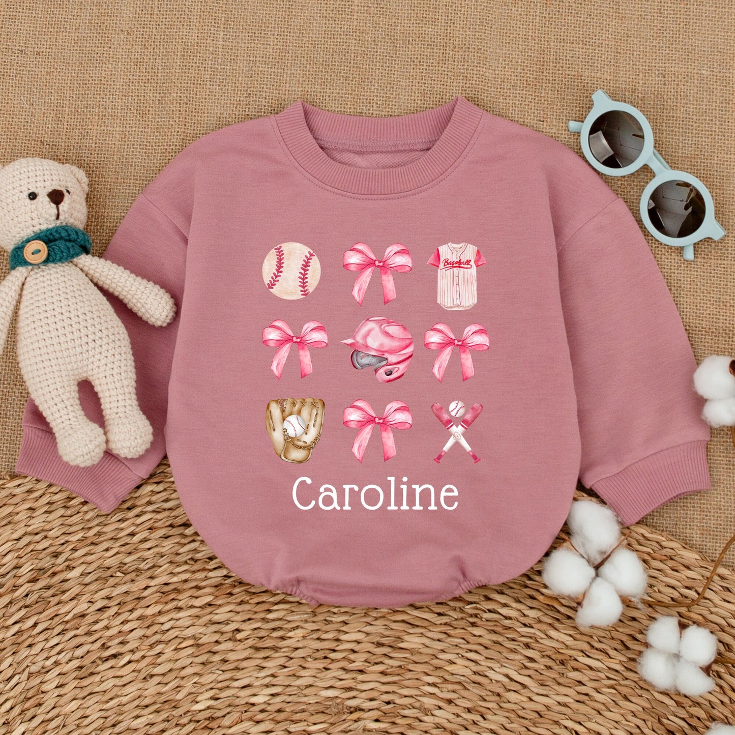 Personalized Baseball Sister Baby Romper Girl Game Day Outfit Pink Ribbon Watercolor Design Little Sister Bodysuit Baseball Fan Gift