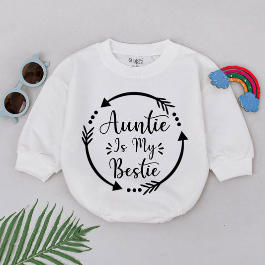Auntie Is My Bestie Baby Romper New Newborn Outfit Sweet Gift for Auntie Girls Boys Playful Script Design Circular Arrows Dots Baby Announcement Idea