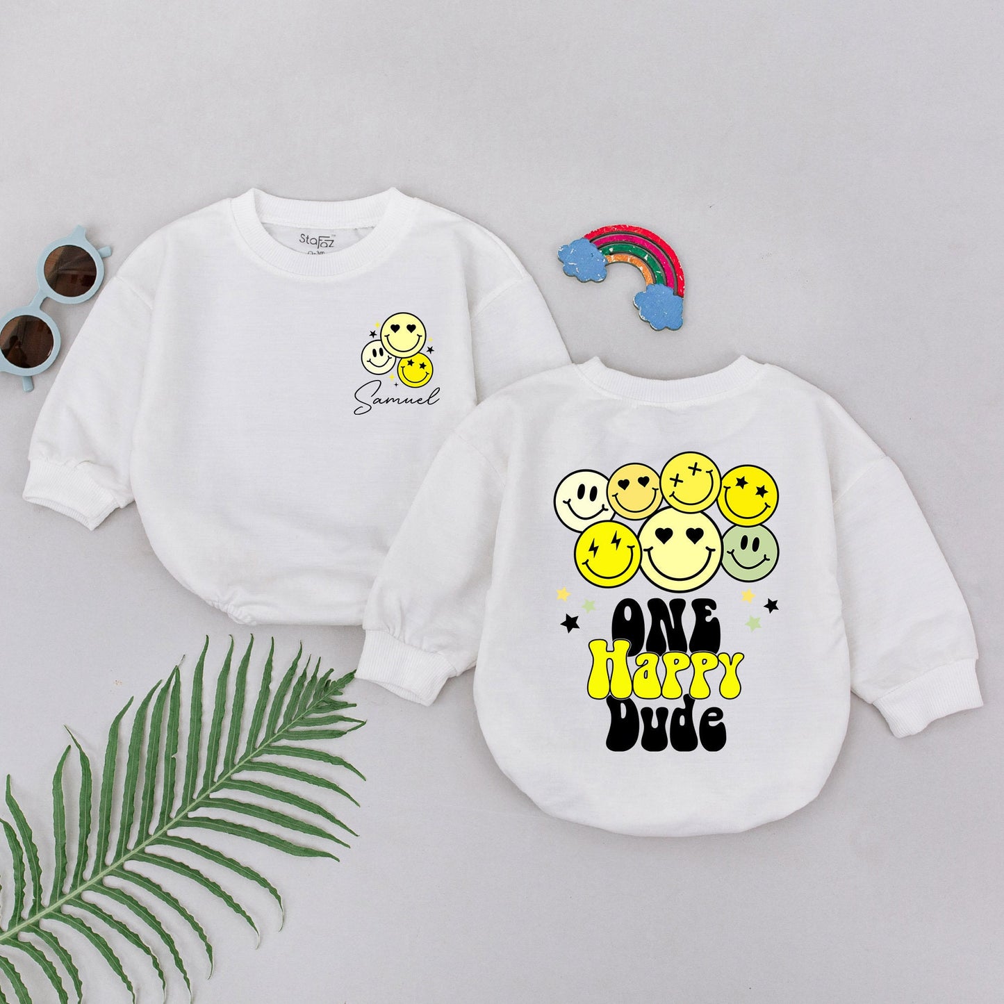 Personalized One Happy Dude Romper First Birthday Baby Boy Outfit Smiley Face Bodysuit Cheerful Retro Yellow Green Infant Gift Soft Cotton