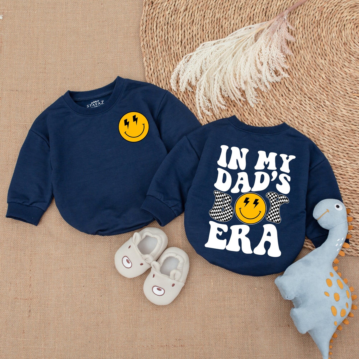 Playful Retro 'In My Dad's Era' Baby Boy Romper with Lightning Bolt Smiley Face Checkered Design Comfortable Cotton Bubble Suit Father's Day Gift