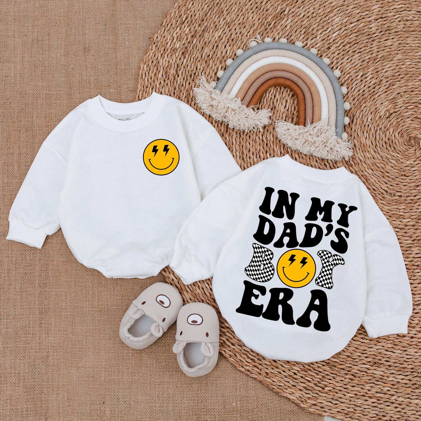 Playful Retro 'In My Dad's Era' Baby Boy Romper with Lightning Bolt Smiley Face Checkered Design Comfortable Cotton Bubble Suit Father's Day Gift