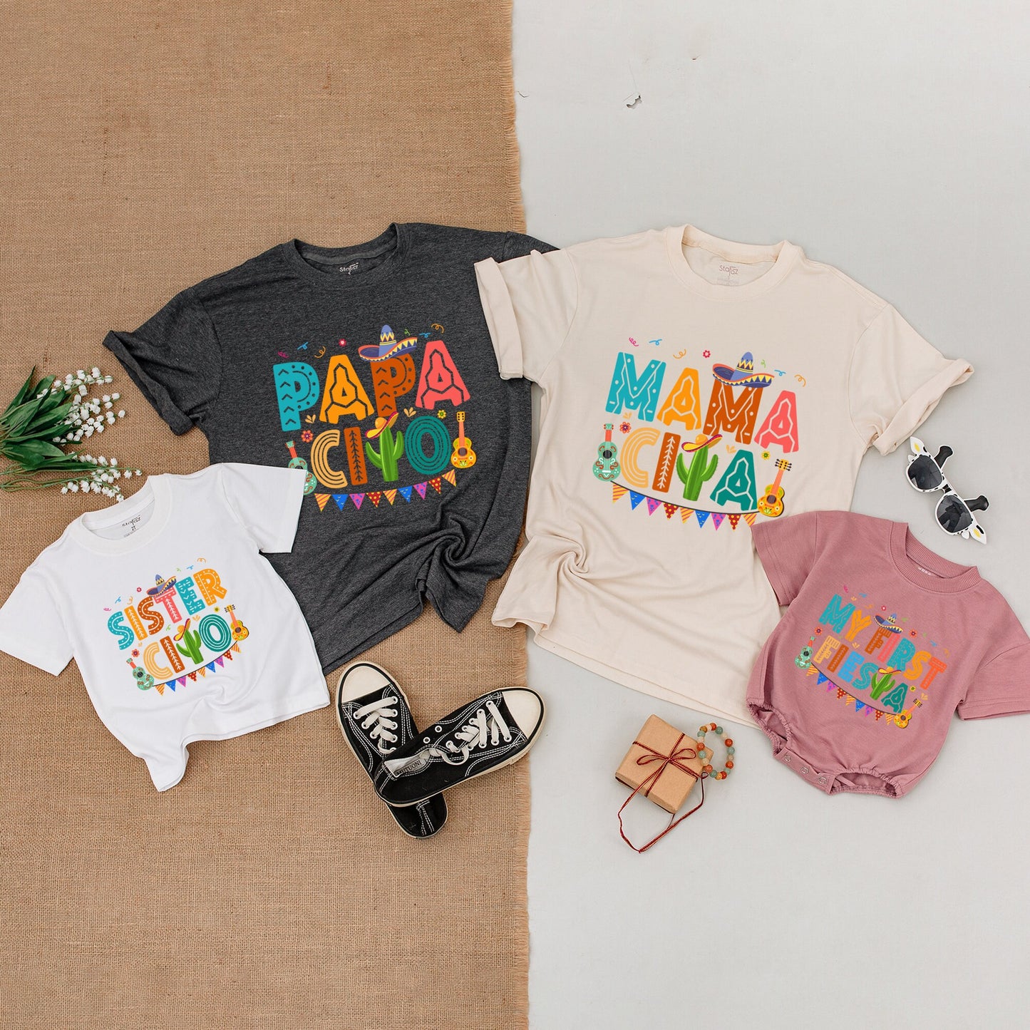My First Fiesta Birthday Shirt Family Matching Outfits Mama Papa Cinco Abuela Mexican Theme Baby Bodysuit Colorful Sombrero Cactus Guitar Design