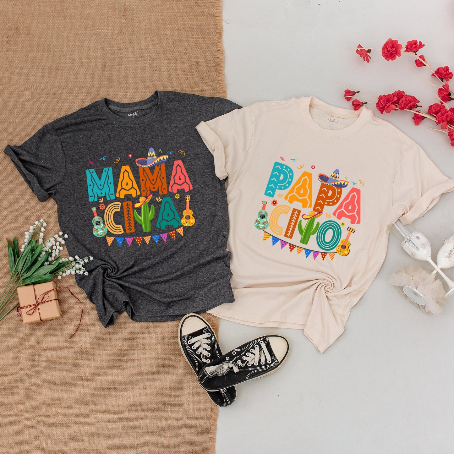 My First Fiesta Birthday Shirt Family Matching Outfits Mama Papa Cinco Abuela Mexican Theme Baby Bodysuit Colorful Sombrero Cactus Guitar Design