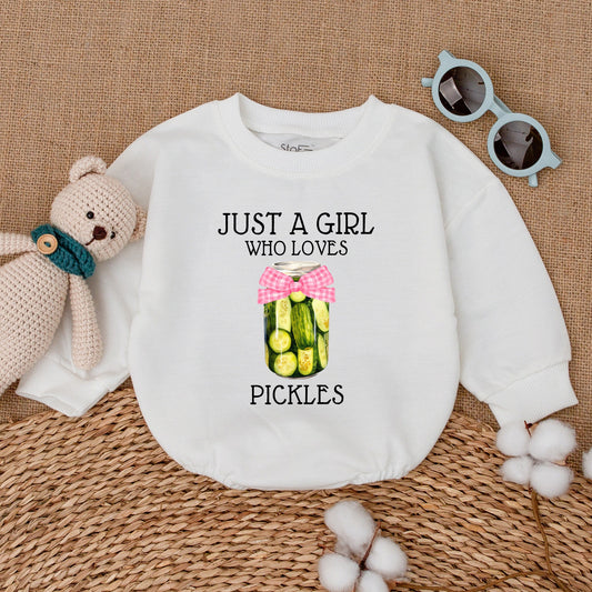 Just A Girl Who Loves Pickles Baby Bodysuit Cute Funny Pickle Jar Design Infant Romper Pink Gingham Ribbon Vegan Green Pickle Girl Outfit Hipster Baby Clothes