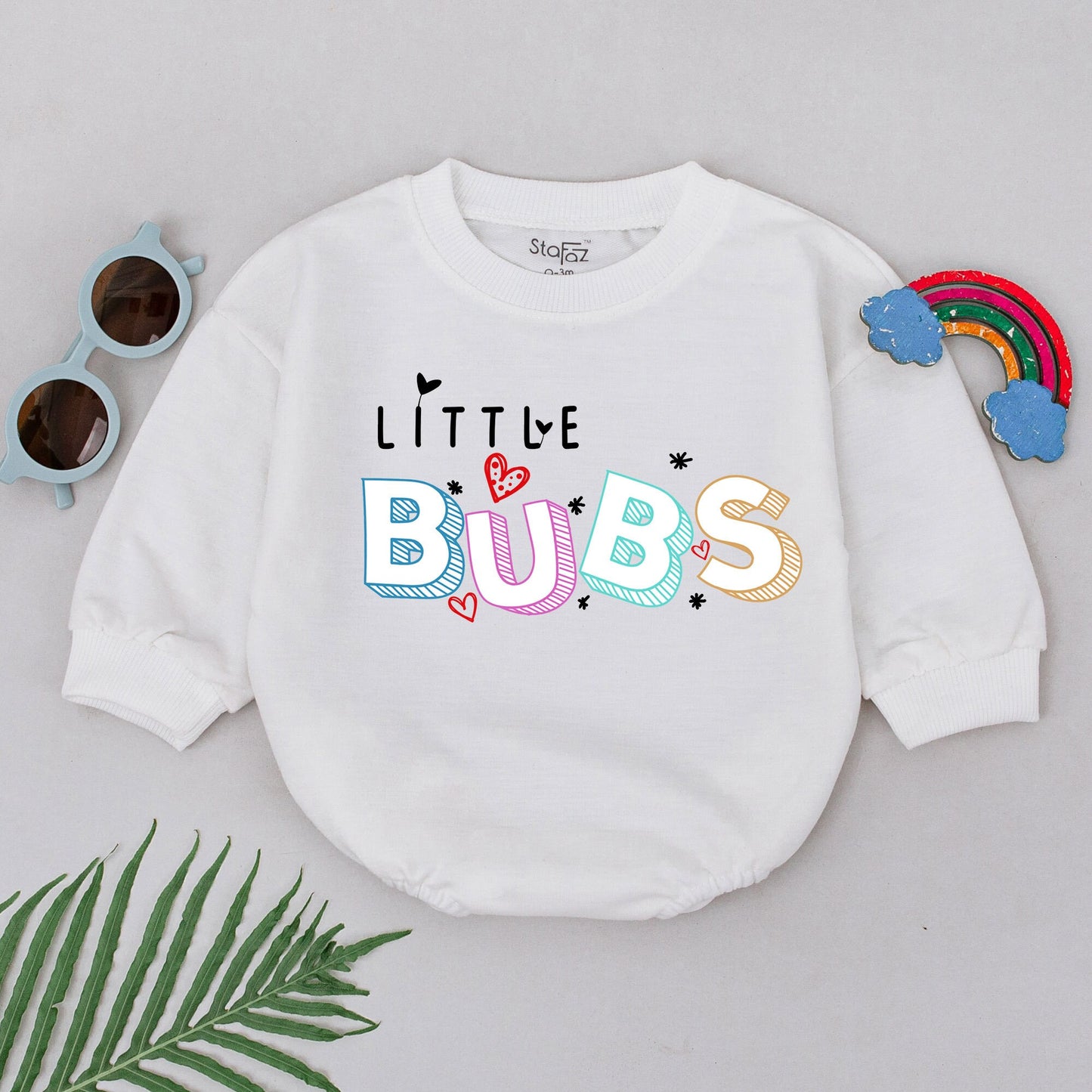 Mama's Little Boy LITTLE BUBS Romper Playful Baby Outfit with Colorful 3D Letters Hearts & Asterisks Adorable Bodysuit Baby Shower Gift