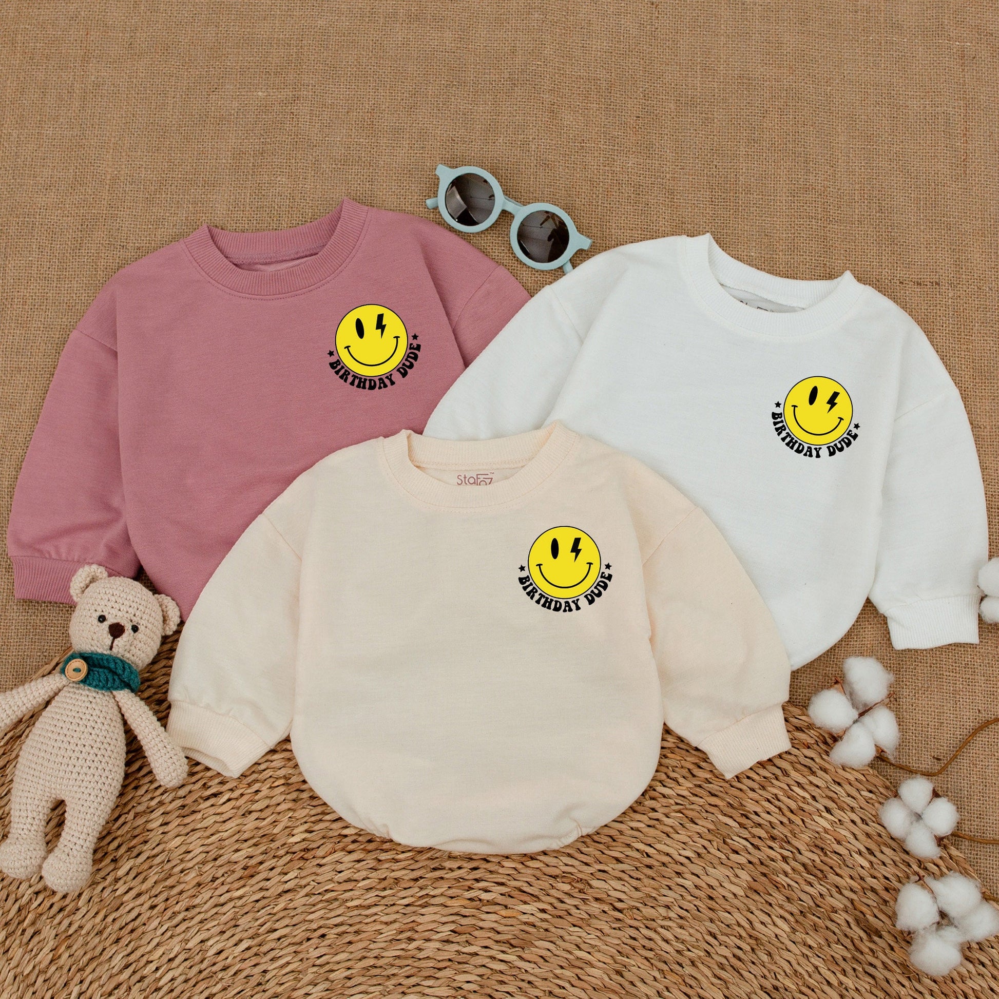 Baby Boy Birthday Dude Romper Smiley Face Lightning Bolt Retro Outfit One Cool Dude Bodysuit Yellow Black White Playful Infant Shower Gift
