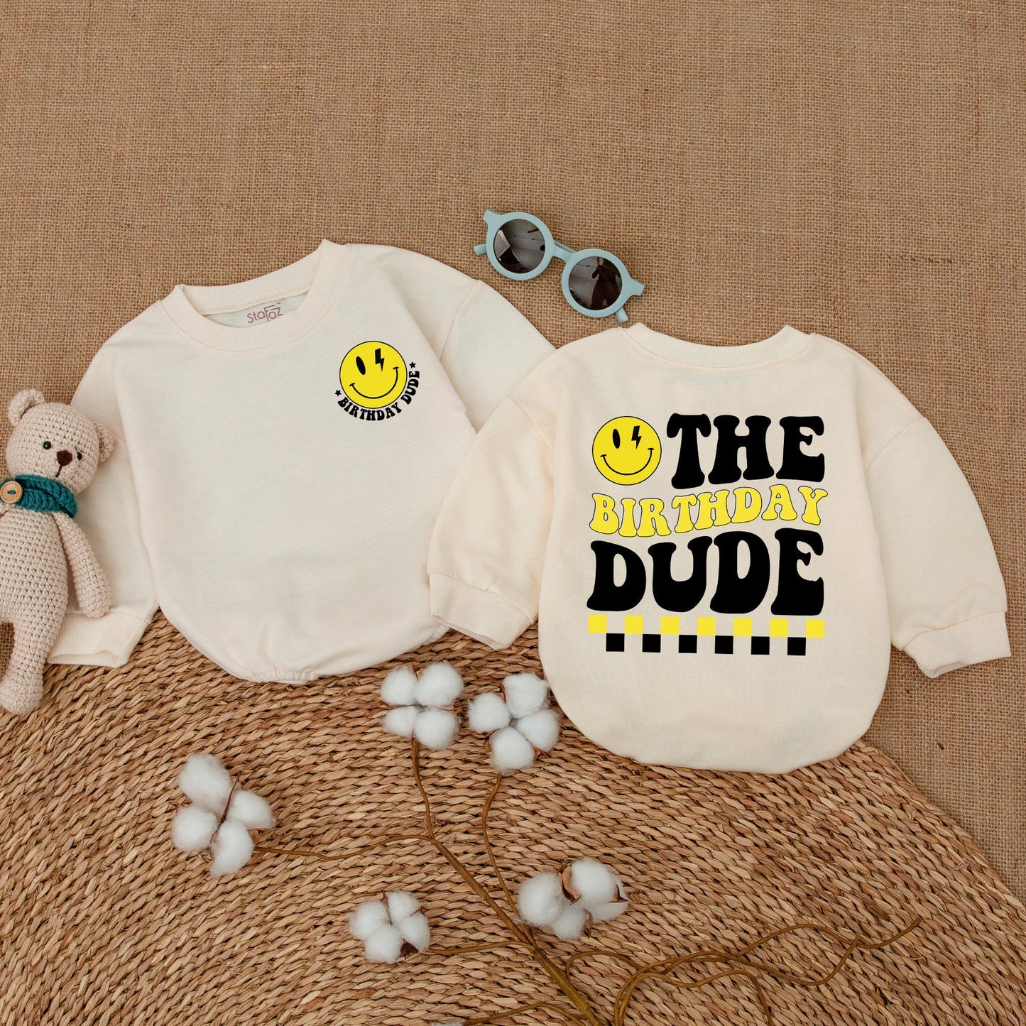 Baby Boy Birthday Dude Romper Smiley Face Lightning Bolt Retro Outfit One Cool Dude Bodysuit Yellow Black White Playful Infant Shower Gift