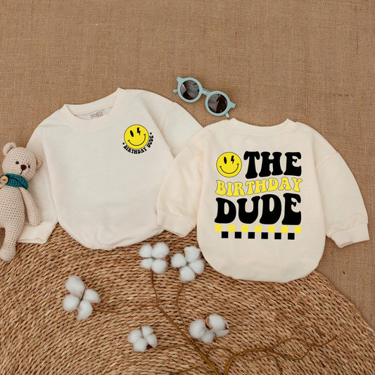 Baby Boy Birthday Dude Romper Smiley Face Lightning Bolt Retro Outfit One Cool Dude Bodysuit Yellow Black White Playful Infant Shower Gift