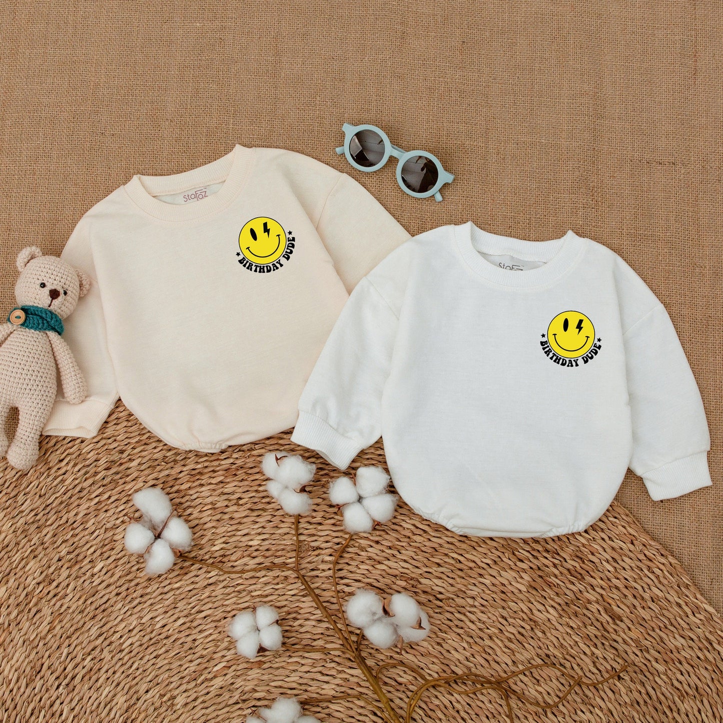 Baby Boy Birthday Dude Romper Smiley Face Lightning Bolt Retro Outfit One Cool Dude Bodysuit Yellow Black White Playful Infant Shower Gift