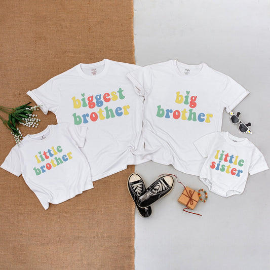 Colorful Retro Sibling Matching Outfits Big Brother Little Sister Baby Bodysuit Shirt Announcement Gift with Playful Hearts & Yellow Green Red Blue Text