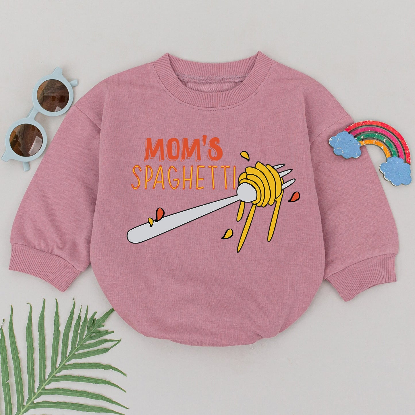 Mom's Spaghetti Baby Romper for Girls Cute Cartoon Italian Food Design Orange Fork Spaghetti Sauce Bodysuit Foodie Gift Newborn Shower Outfit