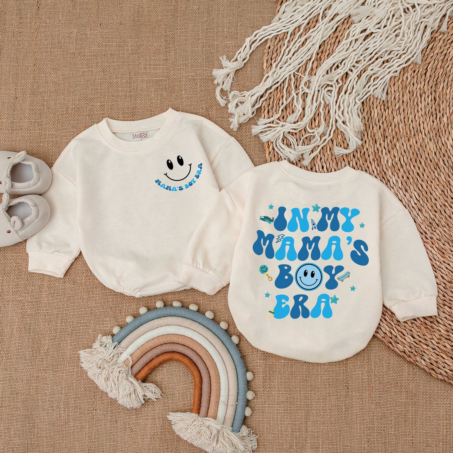 Mama's Boy Era Baby Outfit Romper Bodysuit Set Retro Blue Smiley Face Star Skateboard Rocket Gift for Boy