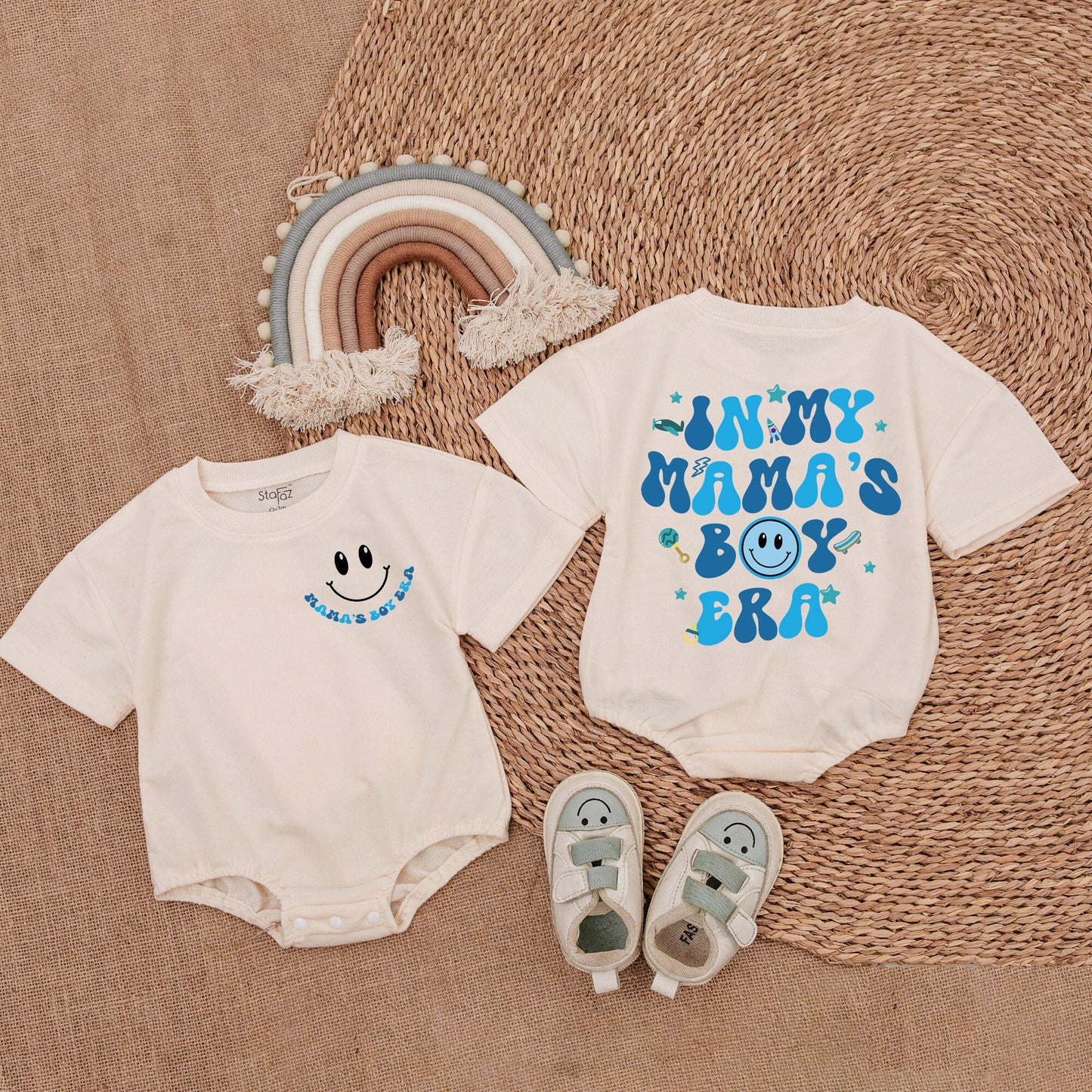 Retro Mama's Boy Era Baby Romper Bodysuit with Smiley Face & Blue Star Skateboard Vintage Infant Outfit Gift