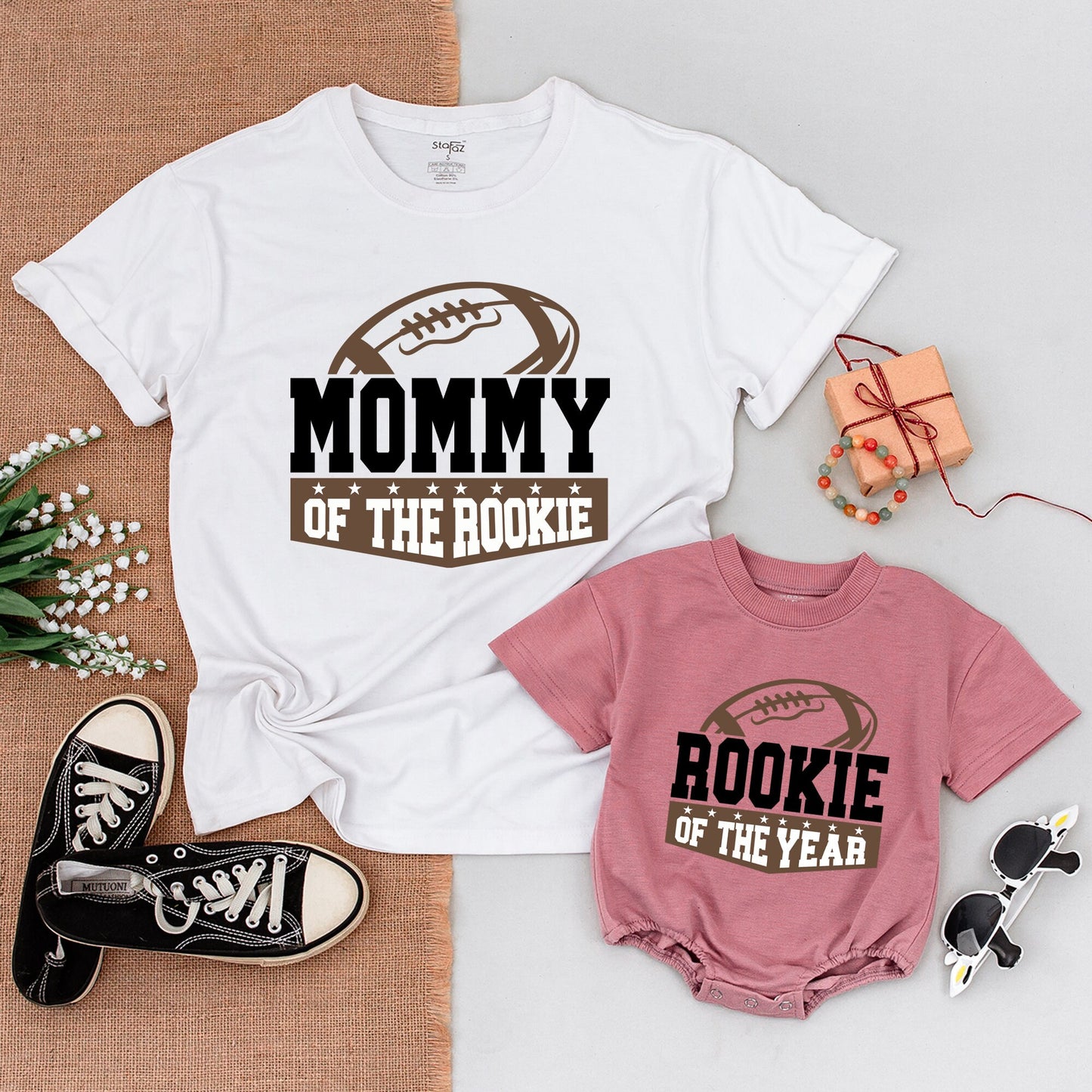Football Family Matching Birthday Shirts Rookie of The Year First Year Down Modern Brown Black Design Baby Boy Romper Mommy Daddy Brother