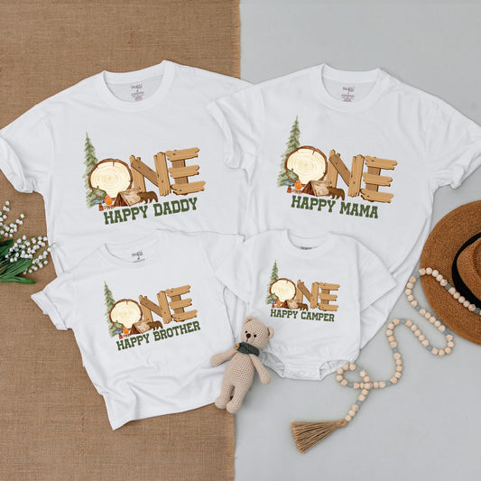 One Happy Camper First Birthday Outfit Baby Romper Rustic Camping Theme Matching Family Shirts with Pine Tree Bear Campfire Design