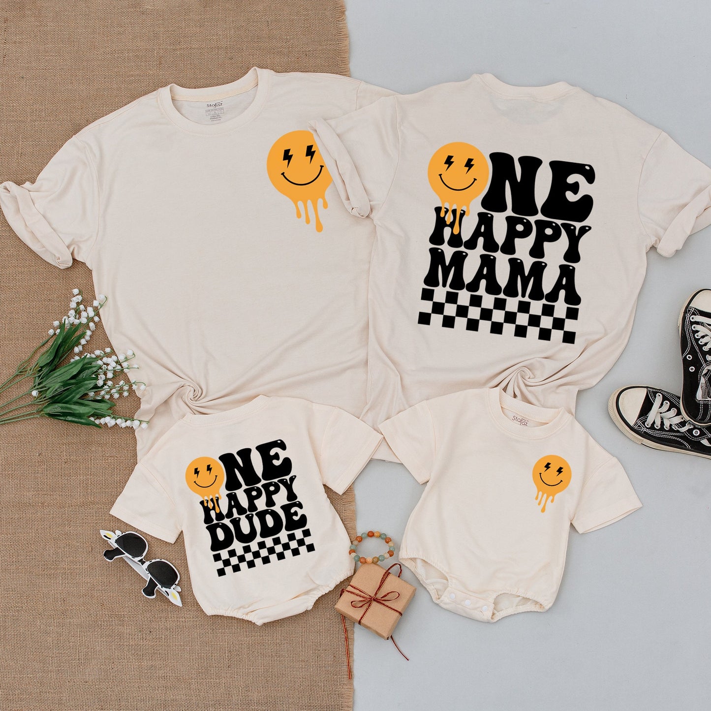 One Happy Dude 1st Birthday Family Matching Shirts & Bodysuits Retro Orange Melting Smiley Face Lightning Bolt Design