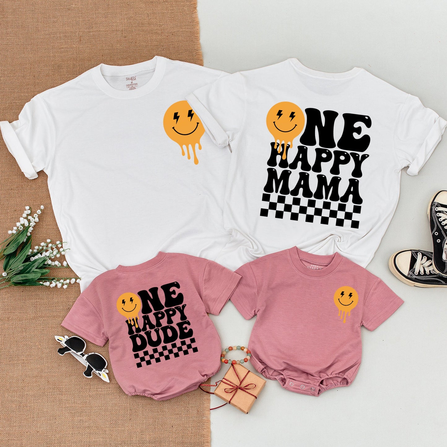 One Happy Dude 1st Birthday Family Matching Shirts & Bodysuits Retro Orange Melting Smiley Face Lightning Bolt Design