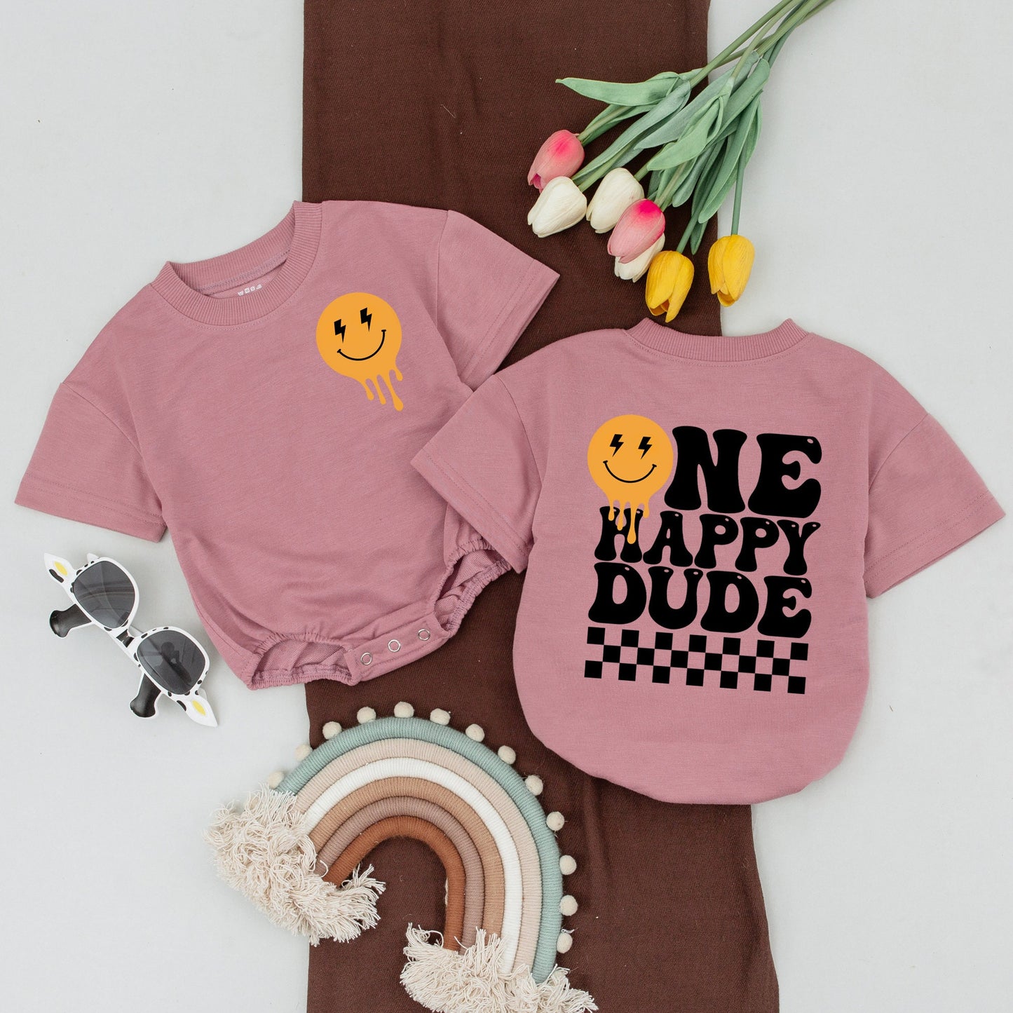 One Happy Dude 1st Birthday Family Matching Shirts & Bodysuits Retro Orange Melting Smiley Face Lightning Bolt Design