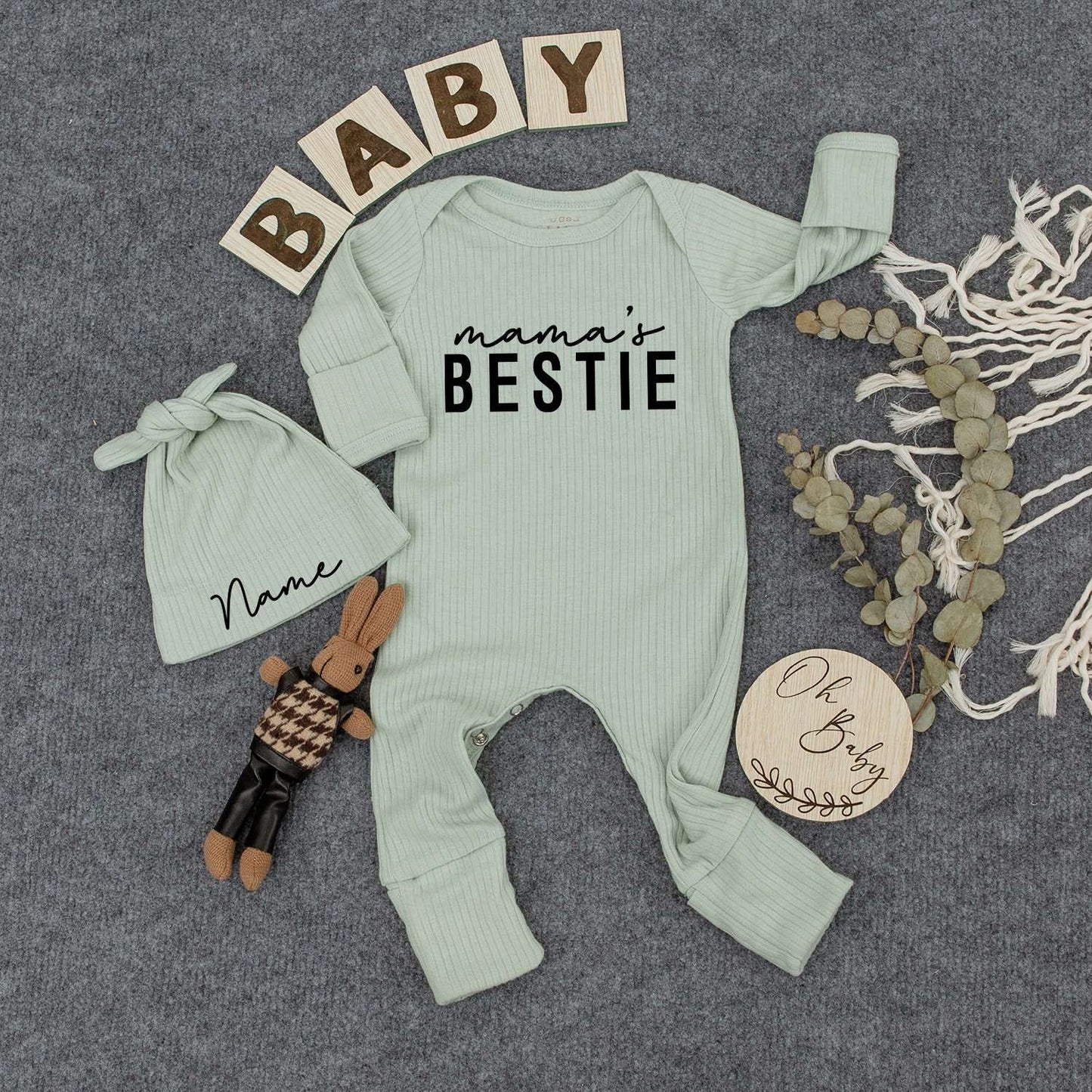 Personalized Mama's Bestie Baby Bodysuit with Name Hat Set Cute Newborn Romper Outfit New Mom Infant Daughter Boho Gift
