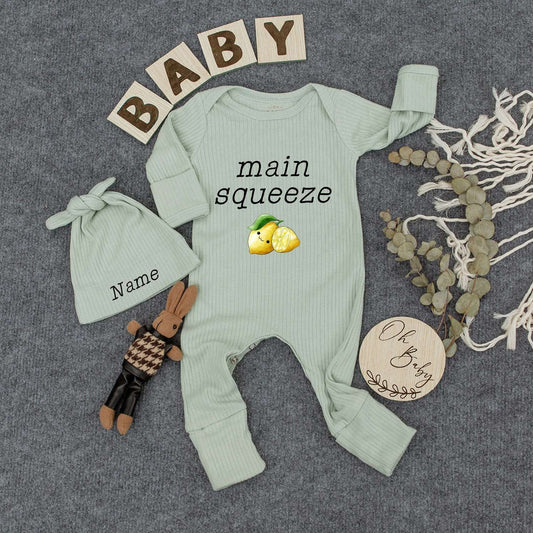 Personalized Main Squeeze Baby Bodysuit and Hat Set Cute Newborn Boy Outfit Adorable Cartoon Lemon Design Summer Boho Romper Gift