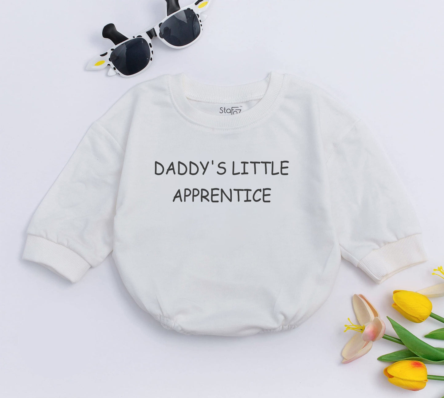 Daddy's Little Apprentice minimalist black text baby romper, a cute funny bodysuit gift for new dads, 1st Father's Day, soft comfy cotton.