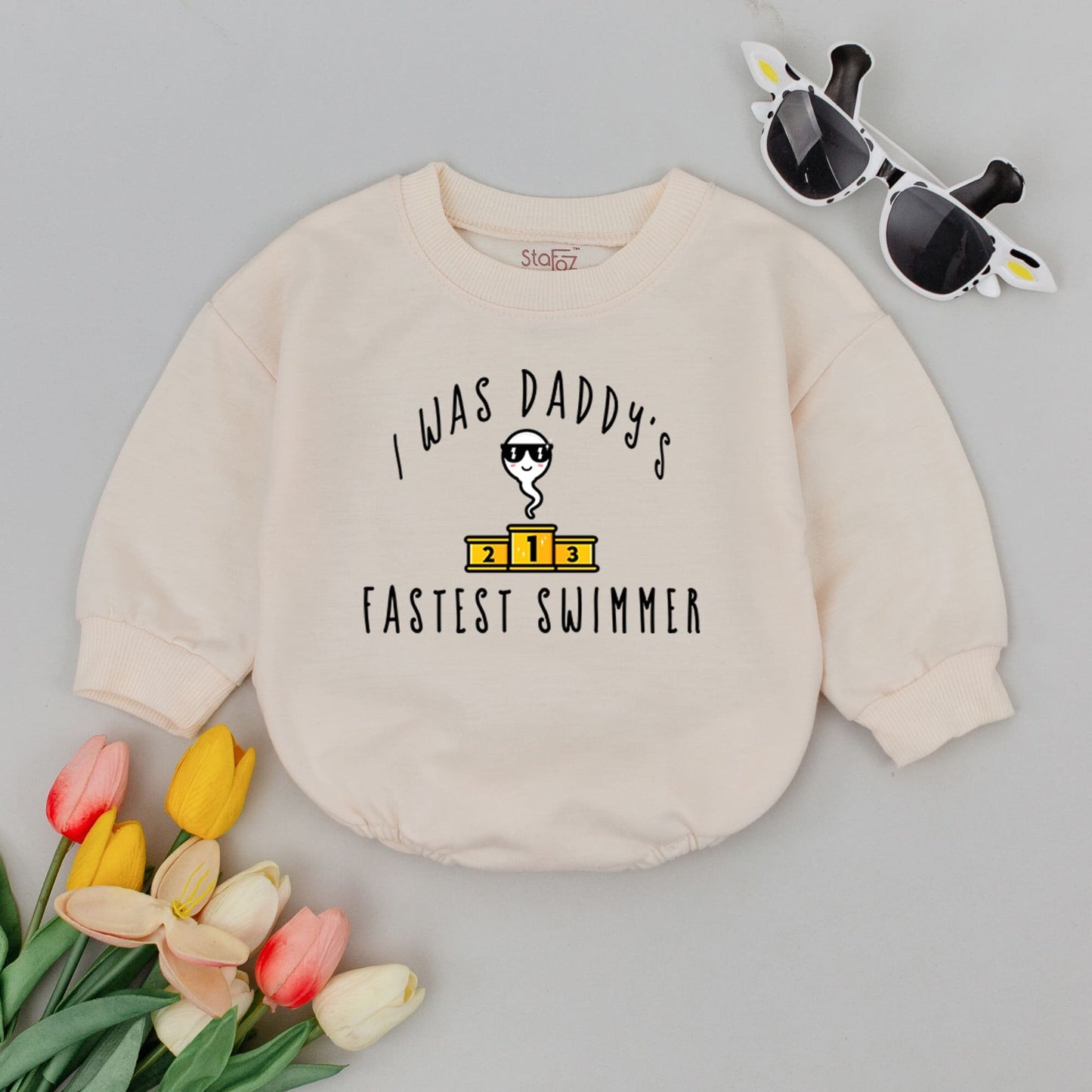 I Was Daddy's Fastest Swimmer Baby Romper Funny New Dad Gift First Father's Day Cute Infant Outfit Yellow White Design