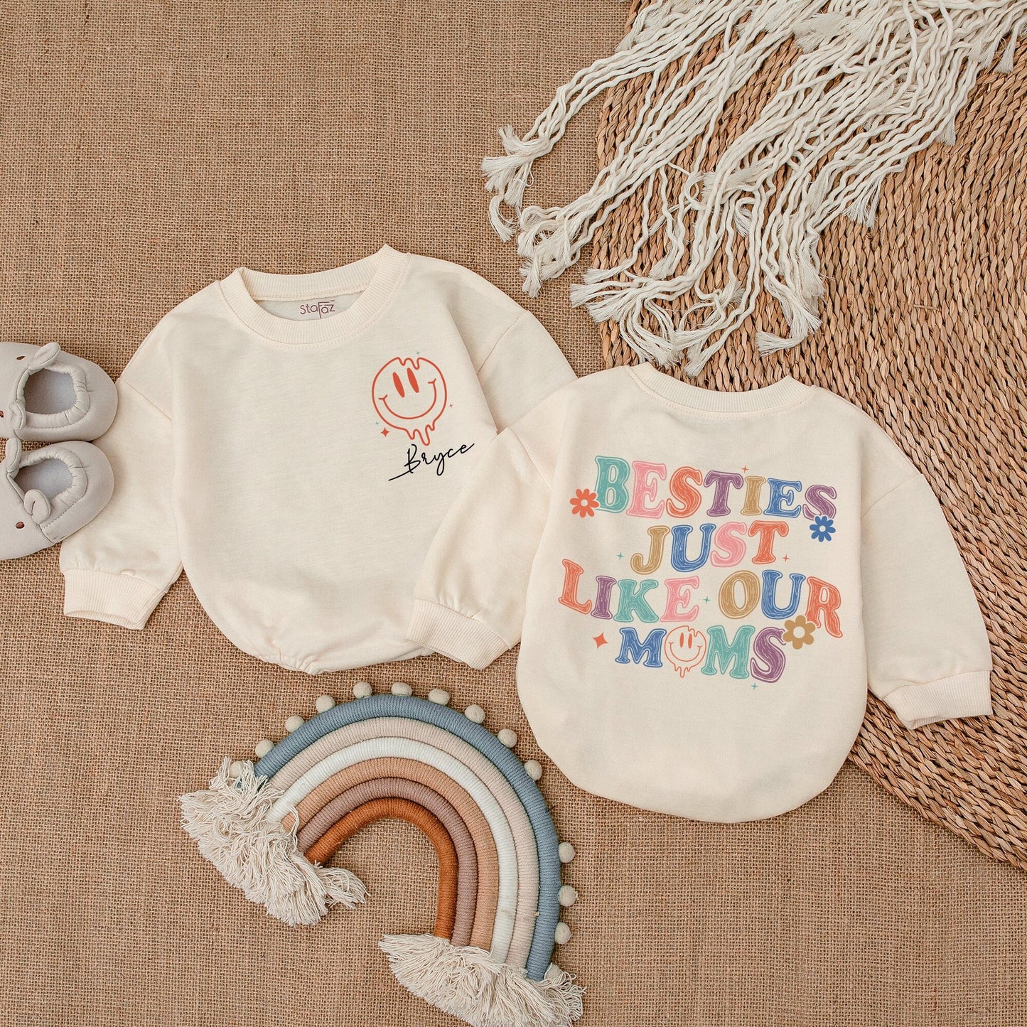 Besties Just Like Our Moms Baby Bodysuit Retro Pastel Flower Stars Smiley Face Gender Neutral Baby Shower Gift Coming Home Outfit