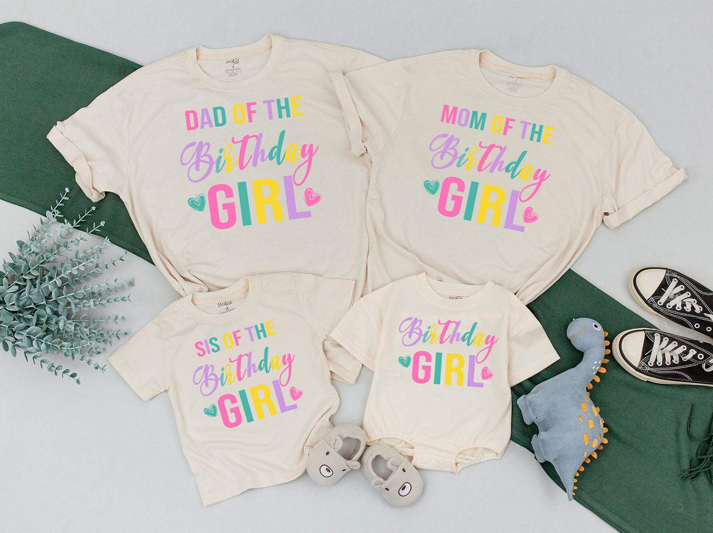 Colorful Birthday Girl Family Matching Shirts for Mom Dad and entire family sweet first birthday party celebration soft cotton comfortable