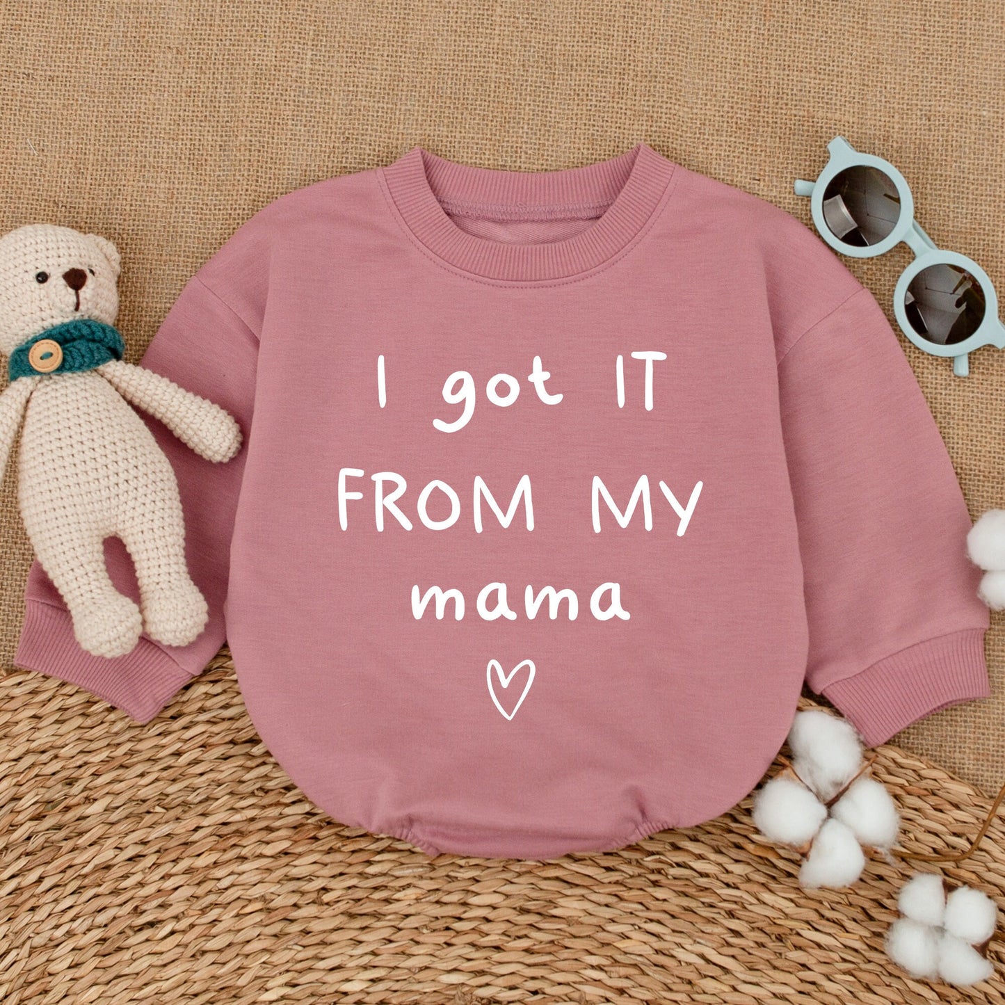 I Got It From My Mama Baby Romper Bodysuit Mother's Day Gift Mama's Bestie Outfit Soft Cotton Minimalist Black Ink Heart Design New Mom Shower Present