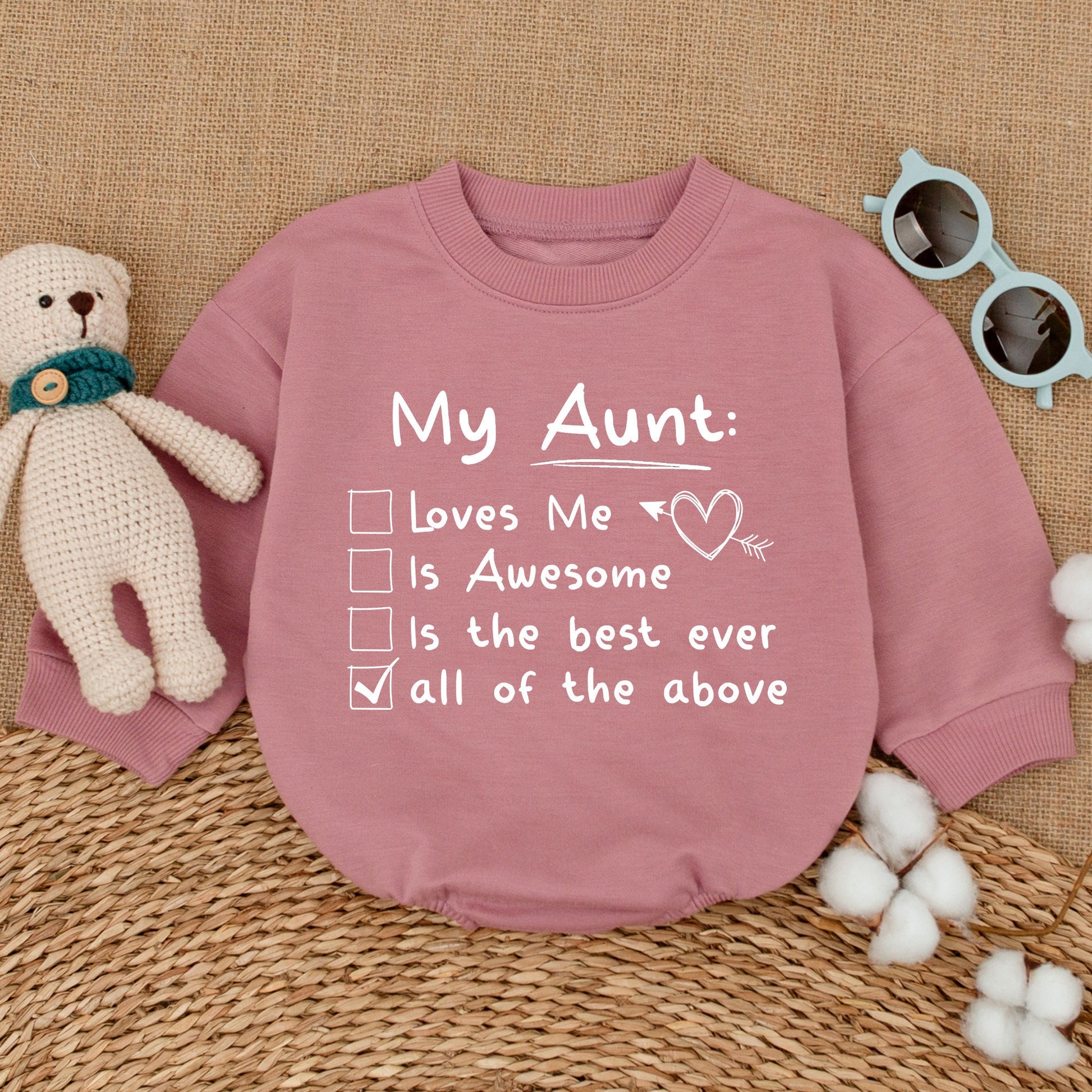My Aunt Loves Me Checklist Baby Romper Bodysuit Auntie's Bestie Adorable Cute Newborn Outfit Best Aunt Ever Black Ink Design Baby Shower Gift