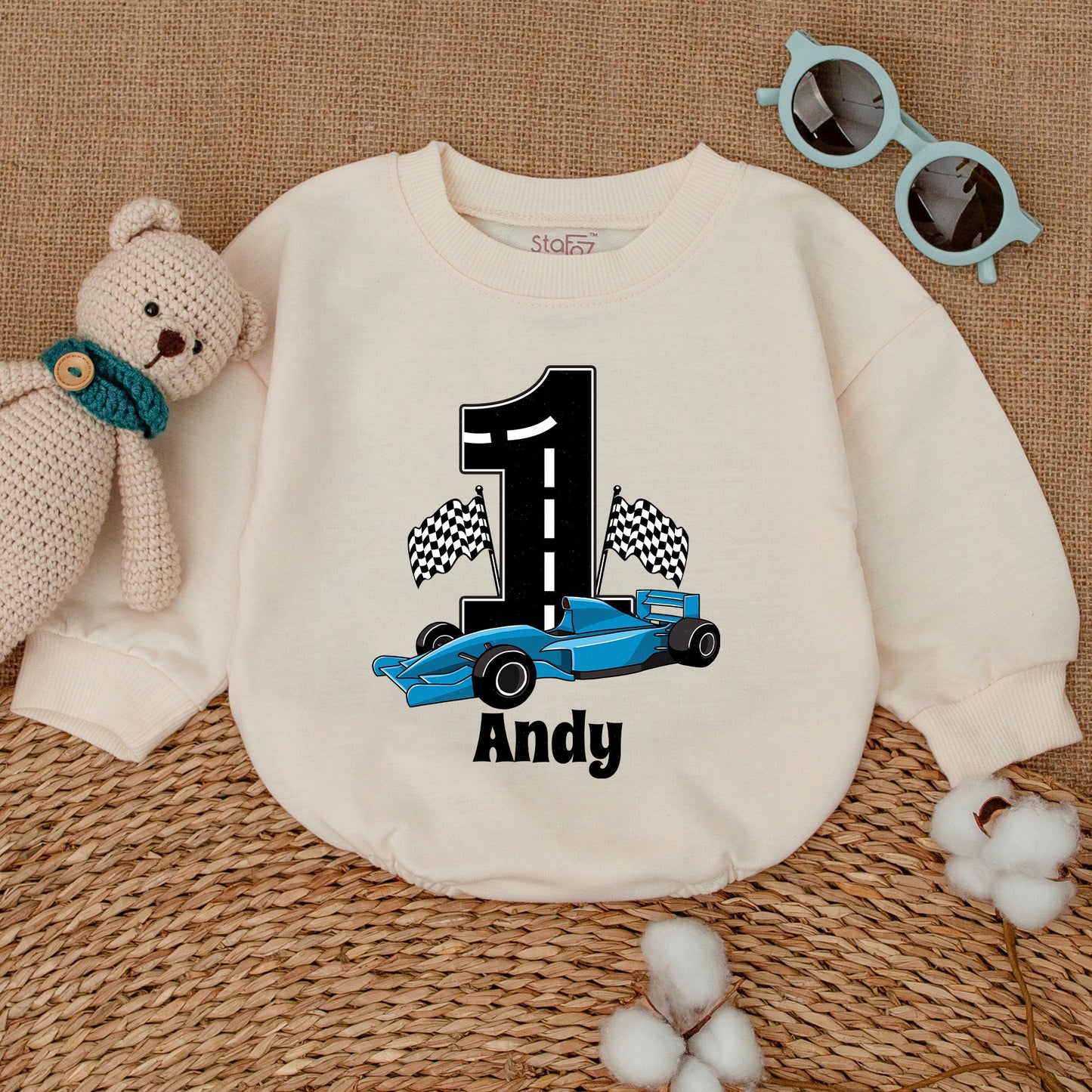 Personalized Open Wheel Race Car First Birthday Romper Baby Boy Checkered Flag Bodysuit with Andy Name Custom Cartoonish Racing Outfit
