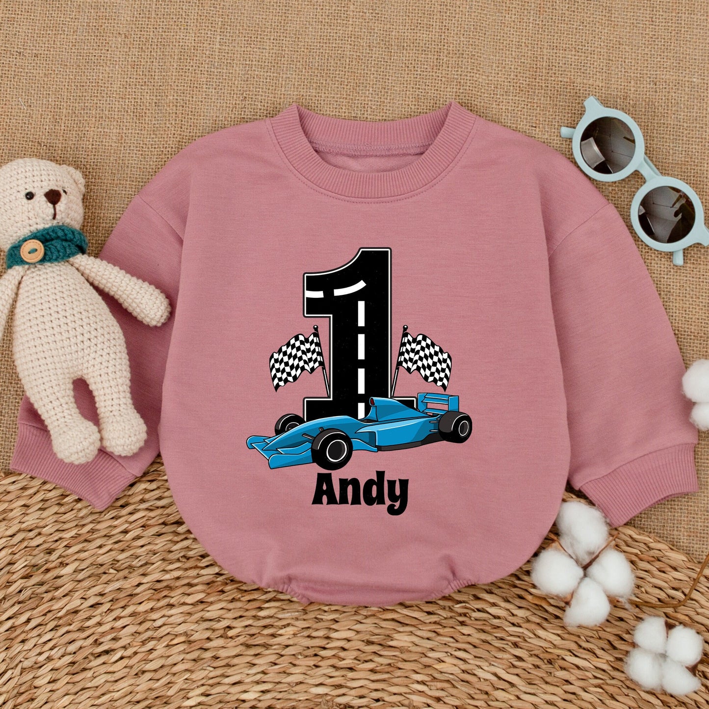 Personalized Open Wheel Race Car First Birthday Romper Baby Boy Checkered Flag Bodysuit with Andy Name Custom Cartoonish Racing Outfit