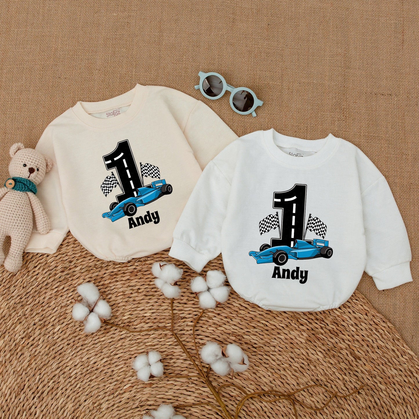 Personalized Open Wheel Race Car First Birthday Romper Baby Boy Checkered Flag Bodysuit with Andy Name Custom Cartoonish Racing Outfit