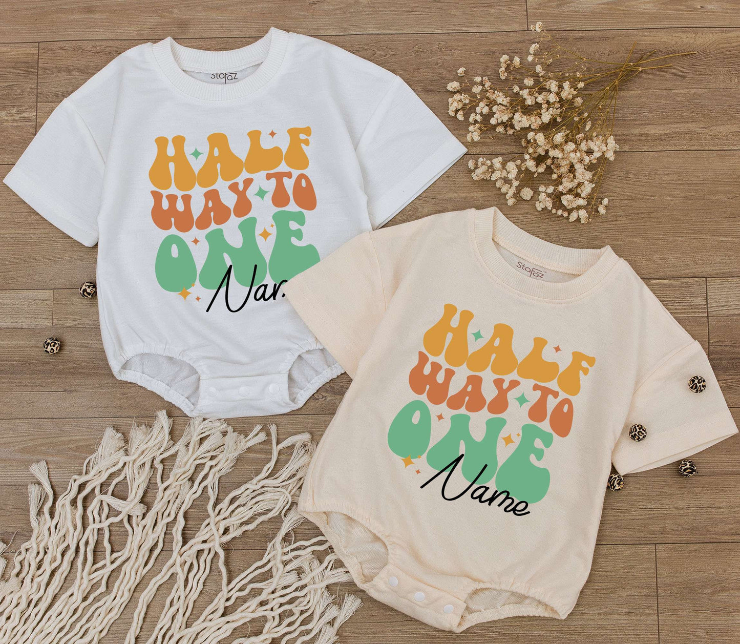 Custom Half Way To One Baby Romper Retro Groovy Orange Green Starburst Design Personalized Name Six Month Birthday Outfit Toddler Infant Soft Cotton Gift Idea
