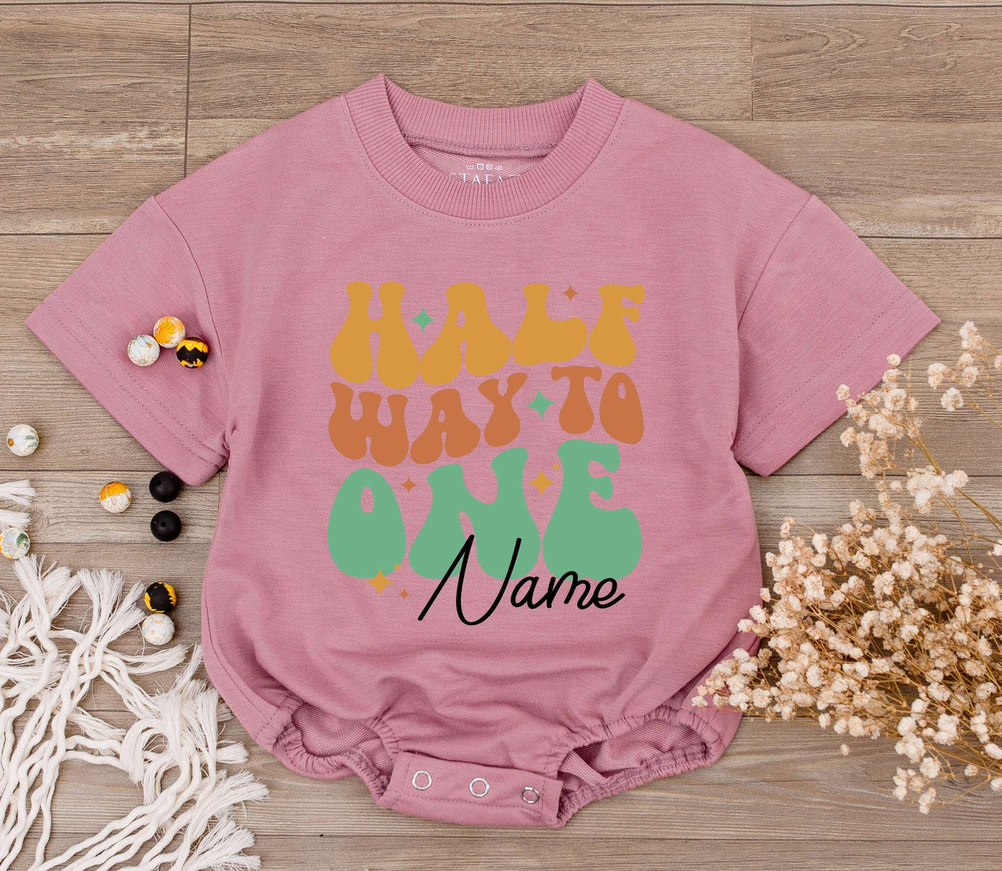 Custom Half Way To One Baby Romper Retro Groovy Orange Green Starburst Design Personalized Name Six Month Birthday Outfit Toddler Infant Soft Cotton Gift Idea