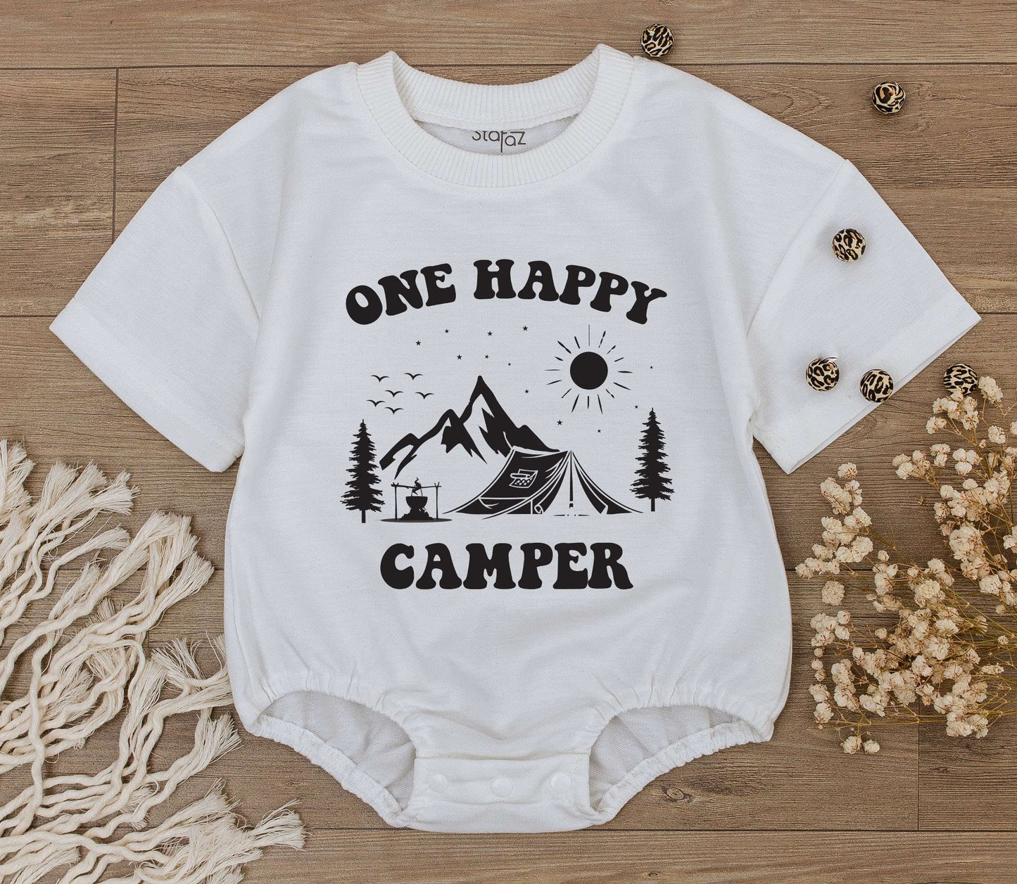 One Happy Camper Baby Romper Toddler Outfit Vintage Outdoorsy Birthday Gift Black Print Mountain Tent Design Soft Cotton Summer Adventure Clothes Little Explorer