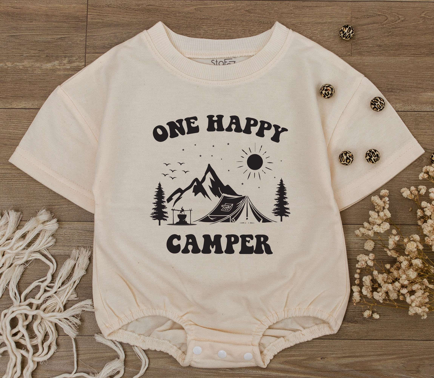 One Happy Camper Baby Romper Toddler Outfit Vintage Outdoorsy Birthday Gift Black Print Mountain Tent Design Soft Cotton Summer Adventure Clothes Little Explorer