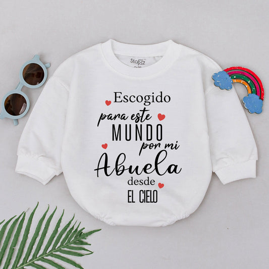 Sentimental Spanish 'Escogido para este MUNDO por mi Abuela desde EL CIELO' Baby Romper, Handpicked by Grandma Memorial Outfit Soft Cotton New Baby Shower Gift