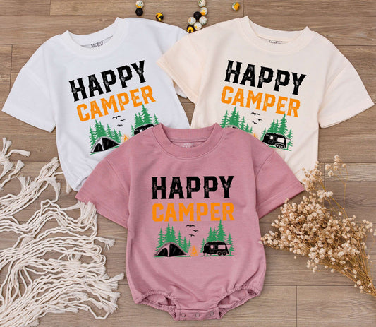 Happy Camper Baby Romper Vintage Camping Adventure Toddler Outfit with Orange Green Tent Black Forest Scene Summer Birthday Gift Newborn Kid