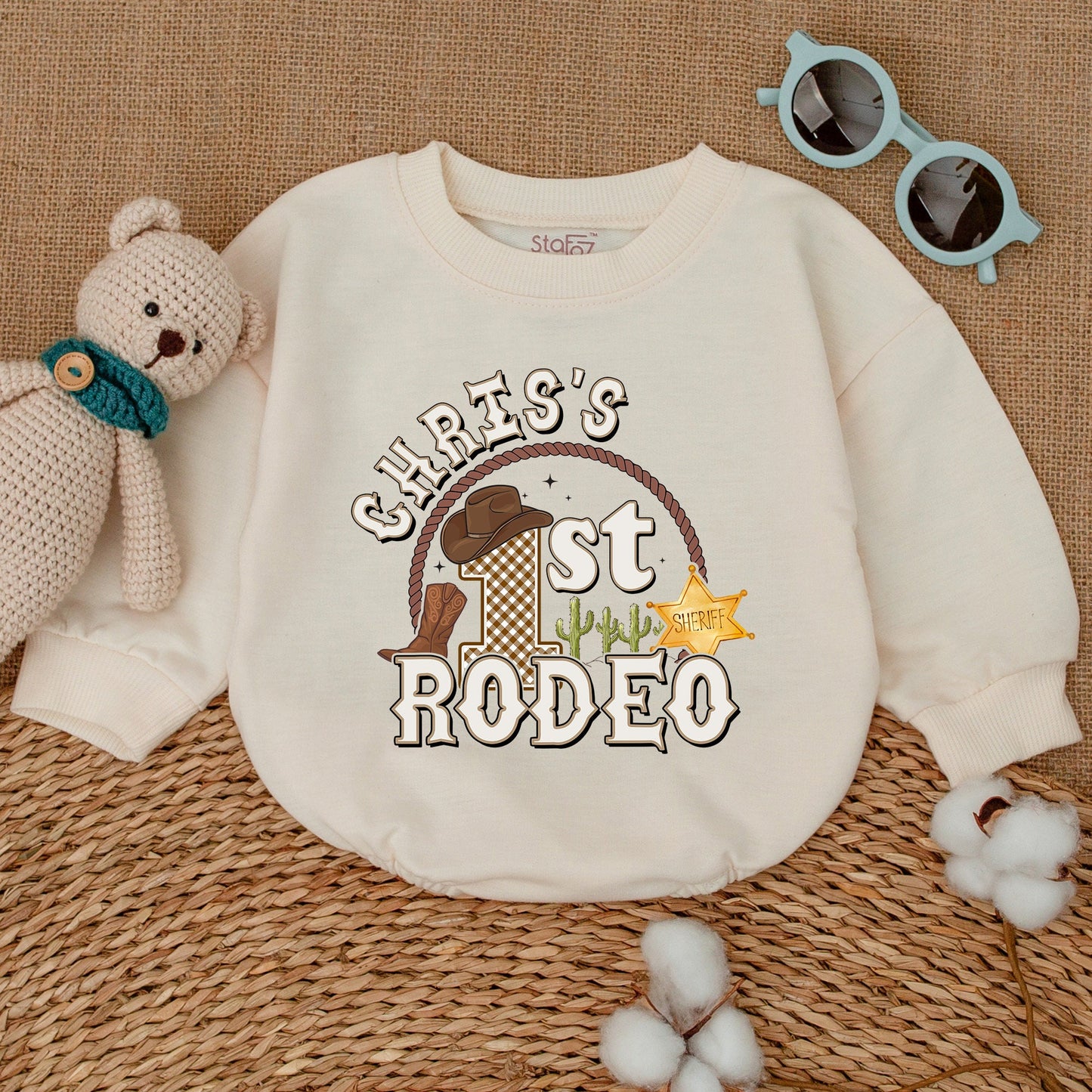 Personalized First Rodeo Birthday Romper Custom Name Western Cowboy Baby Boy Bodysuit Hat Boot Cacti Tan Brown Playful One Year Celebration Gift