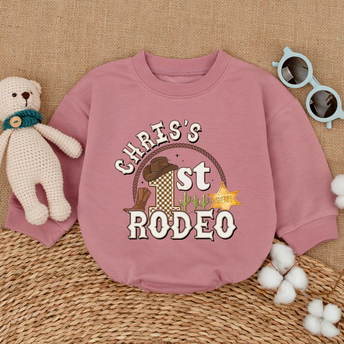 Personalized First Rodeo Birthday Romper Custom Name Western Cowboy Baby Boy Bodysuit Hat Boot Cacti Tan Brown Playful One Year Celebration Gift