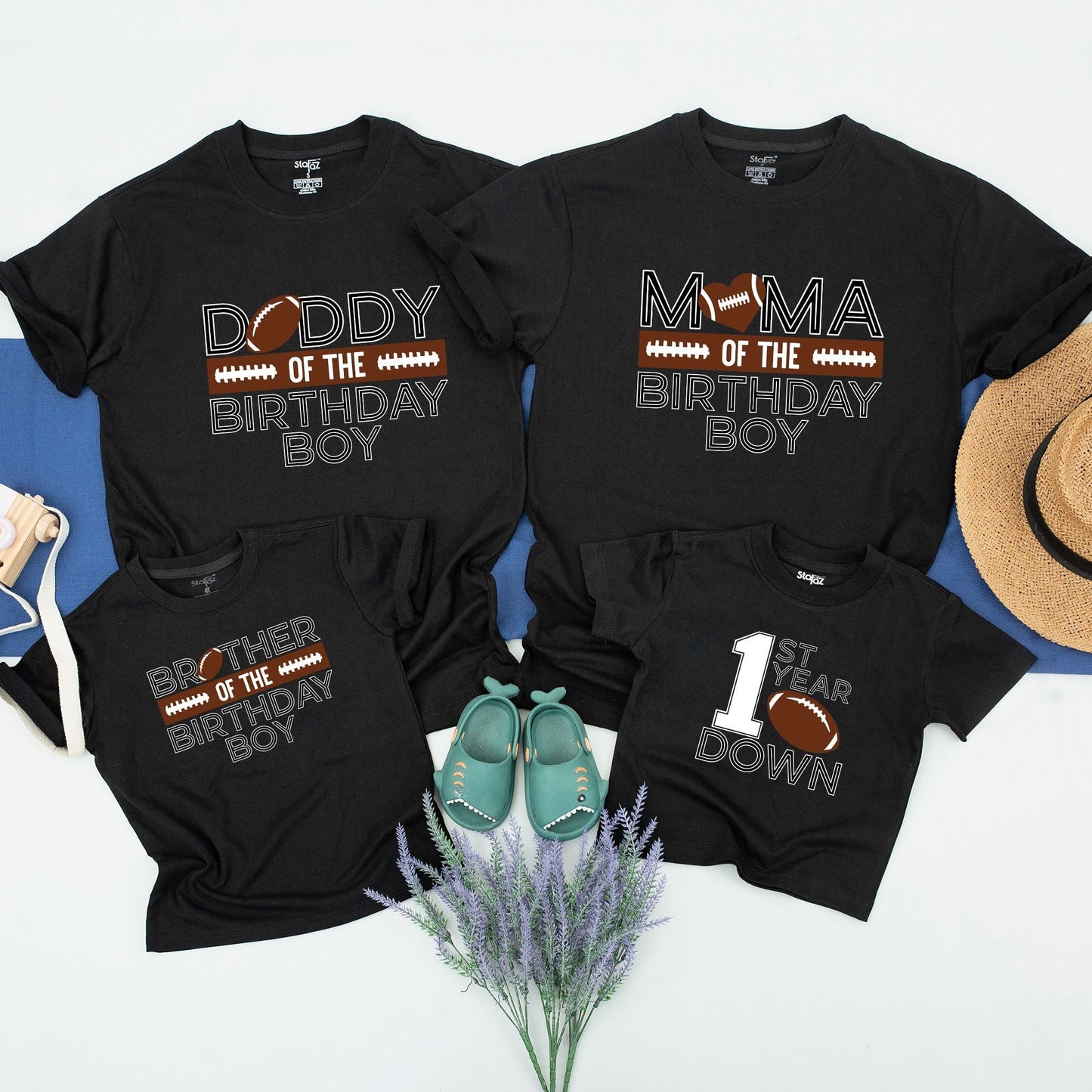 Playful Football 1st Birthday Family Matching Shirts for Boys First Year Down Party with White Outlined Graphic Tees featuring a football