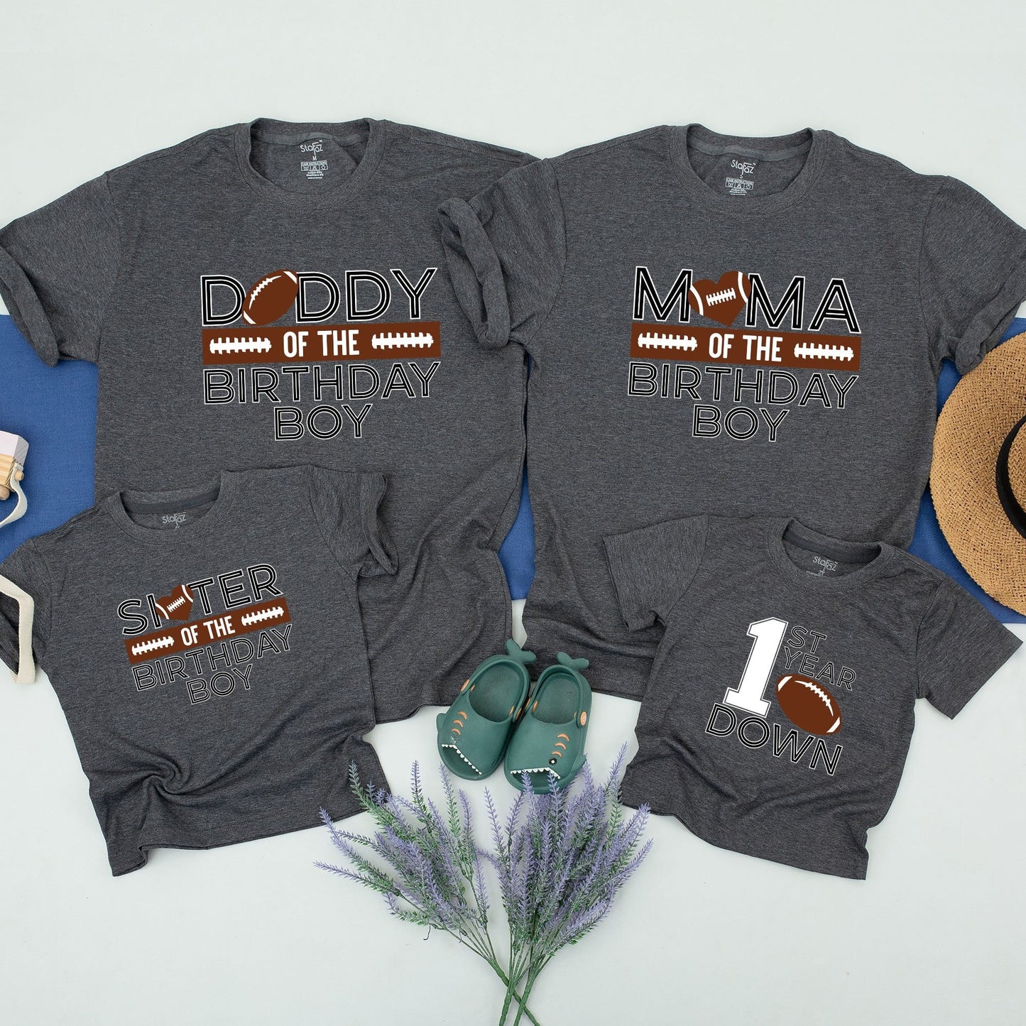 Playful Football 1st Birthday Family Matching Shirts for Boys First Year Down Party with White Outlined Graphic Tees featuring a football