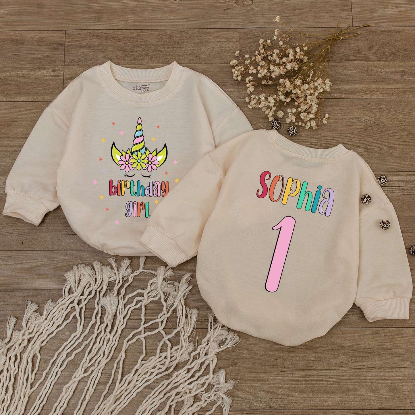 Personalized Rainbow Unicorn First Birthday Girl Bubble Romper with Flowers Custom Name Number One Baby Newborn Shower Gift Adorable Outfit