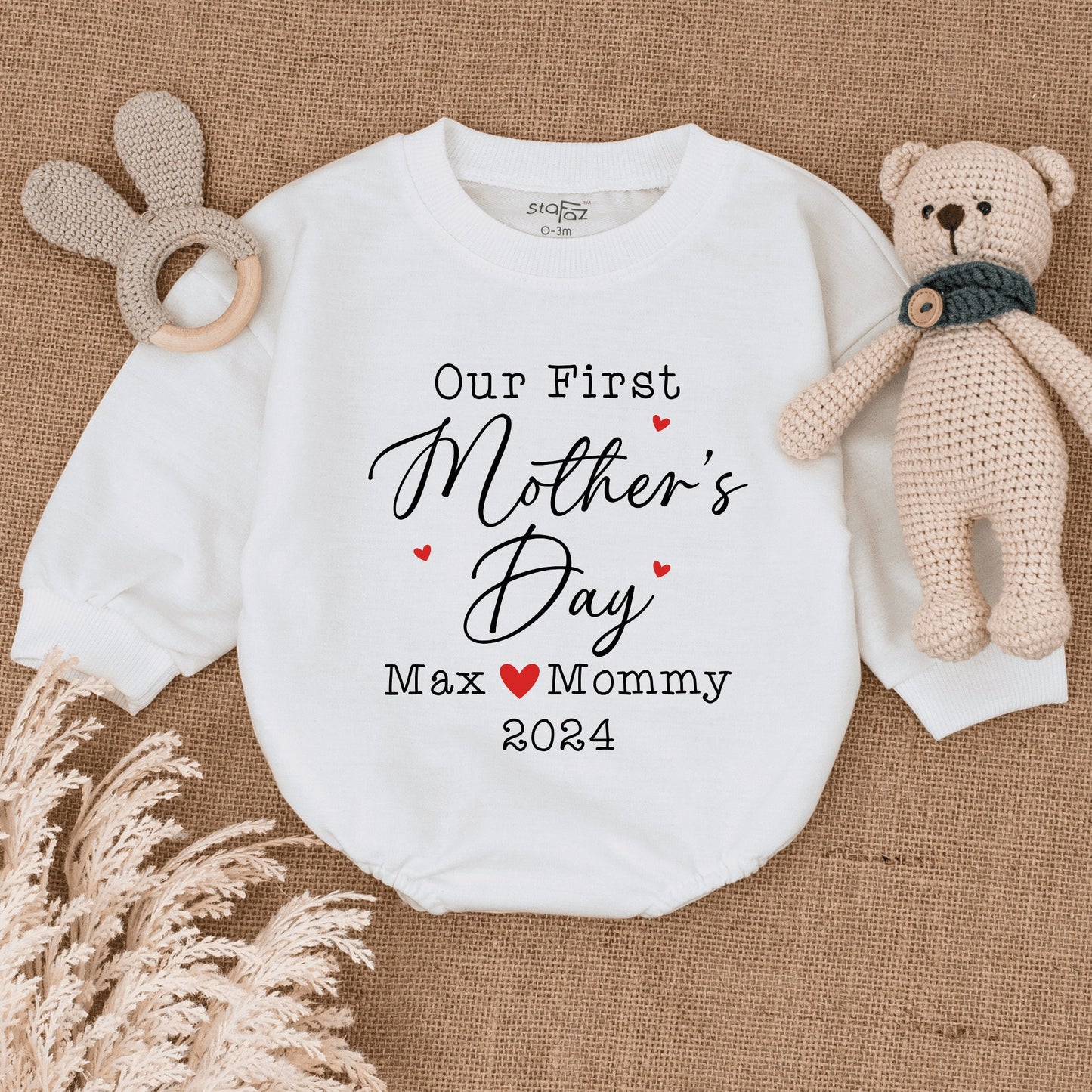 Personalized Our First Mother's Day Baby Romper a cherished gift from baby celebrating their very first special holiday soft infant clothing