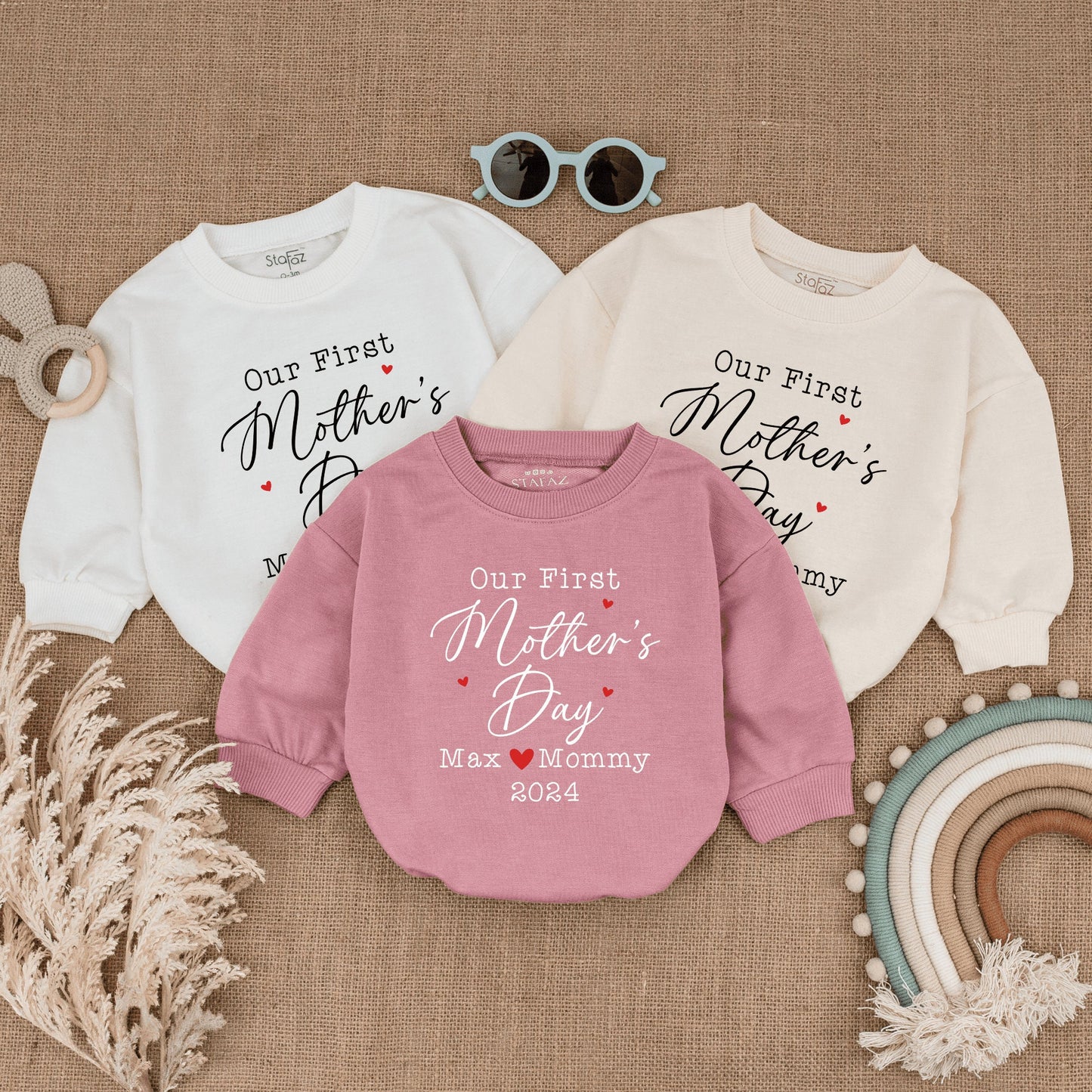 Personalized Our First Mother's Day Baby Romper a cherished gift from baby celebrating their very first special holiday soft infant clothing
