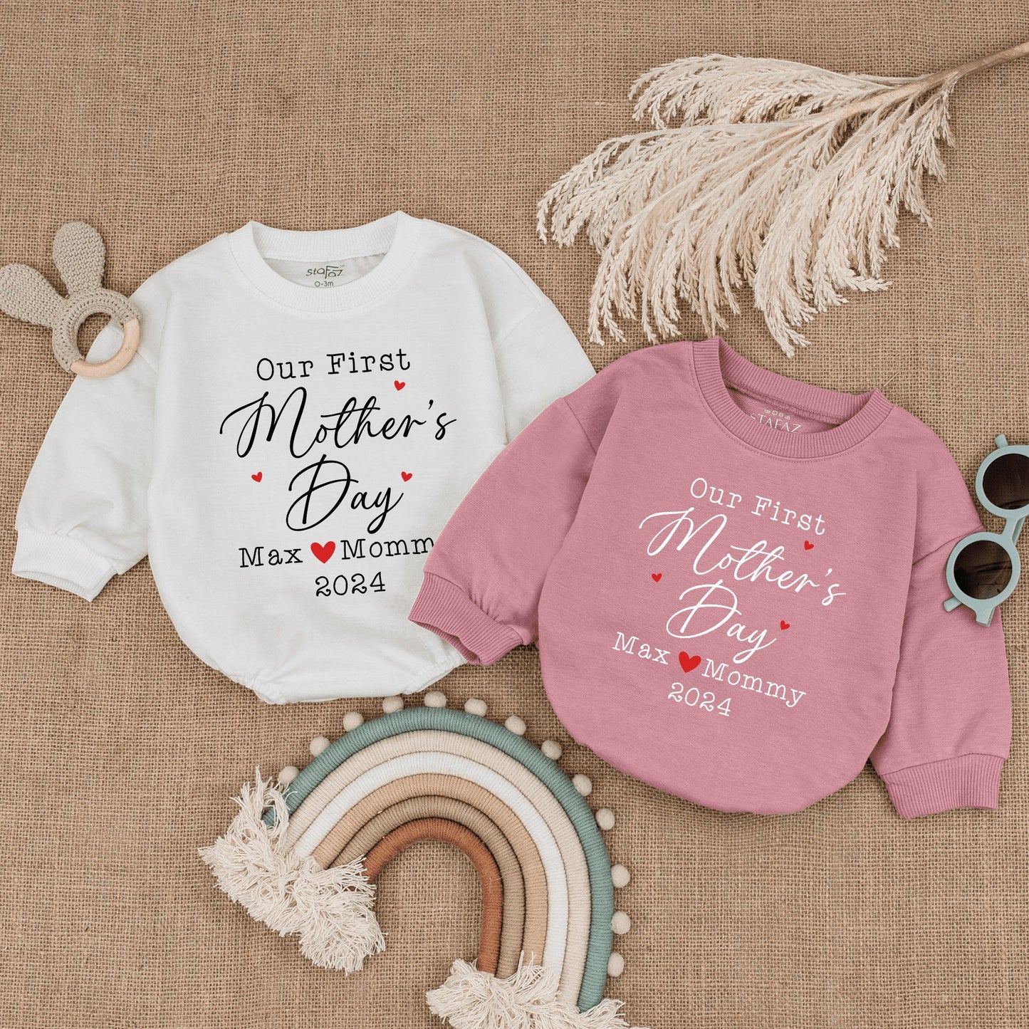 Personalized Our First Mother's Day Baby Romper a cherished gift from baby celebrating their very first special holiday soft infant clothing
