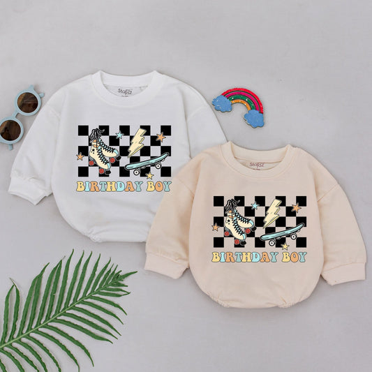 Playful Birthday Boy Bubble Romper First 1st Birthday Baby Boy Outfit featuring retro checkerboard, skateboard, roller skate, lightning, and star graphics
