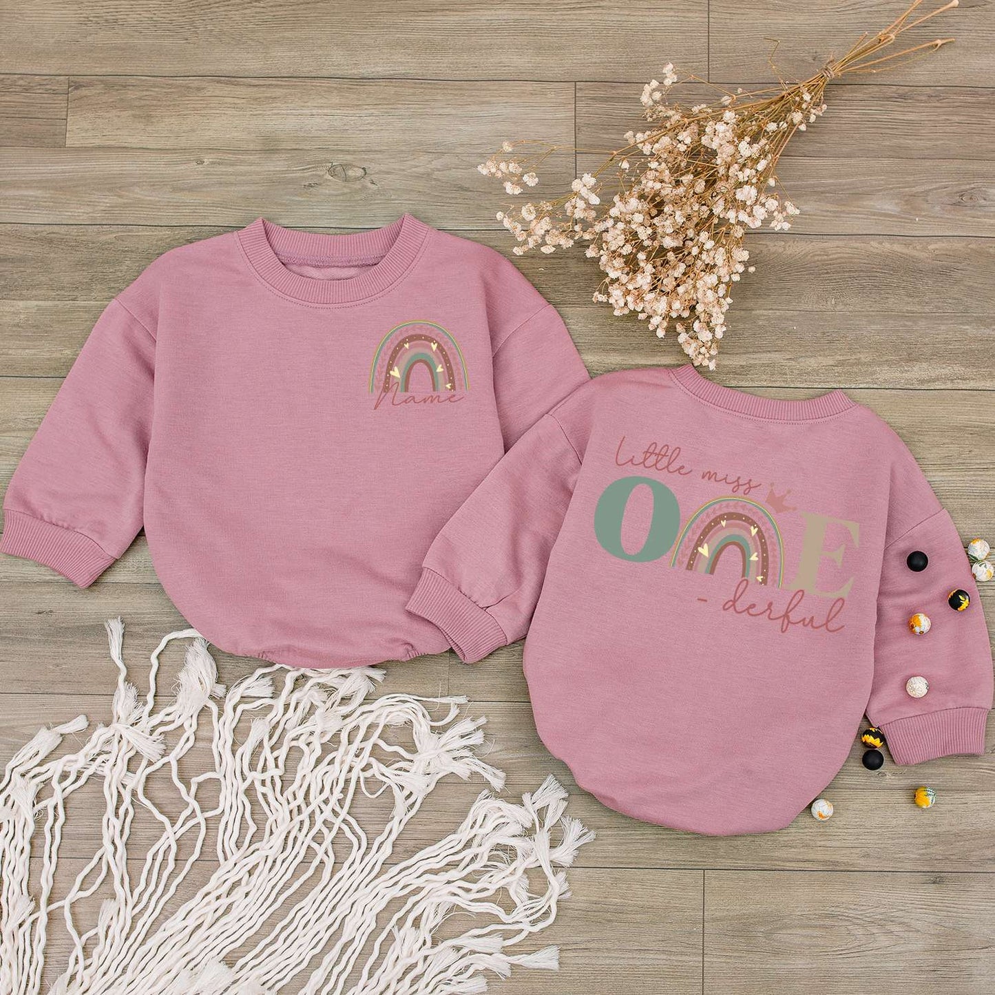 Personalized Little Miss ONE-derful Baby Romper 1st Birthday Outfit Muted Rainbow Crown Design Girl Newborn Sophia Name